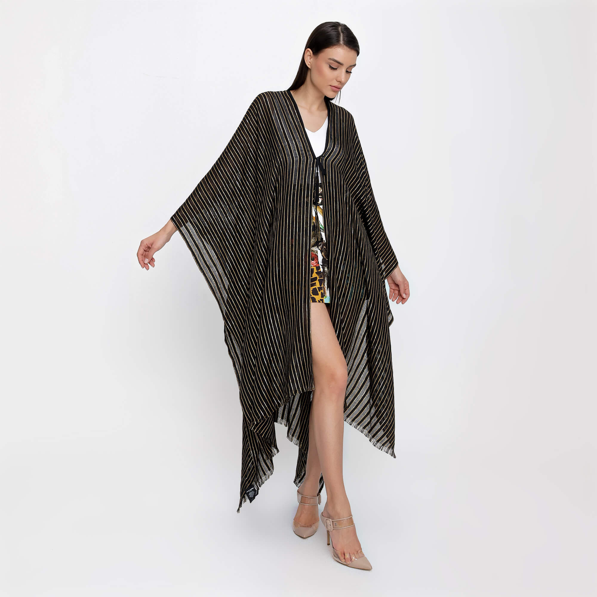 Yves Saint Laurent - Black Cashmere Blend Gold Lurex Stripes Poncho